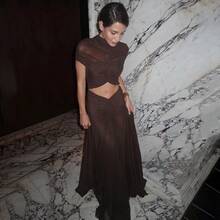 Women's Dress Fashionable And Elegant Temperament Pleated Design Women's Dress Sexy Exposed Navel Spice Girl Splicing Hip Wrap Dinner Party Solid Color Dress - 咖啡棕 - 查看 6