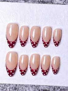 10片手工制作的法式短指甲贴片，有白色、红色和波点图案可选。适合女性和女孩，杏仁形设计。美甲用品 - 酒紅色 - 查看 3
