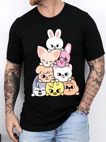 Novelty Adult Cotton Short-Sleeve T-Shirt With Kpop Group SKZ - Breathable Loose Fit Casual Summer Tee For Outdoor Activities - 黑色 - 查看 1