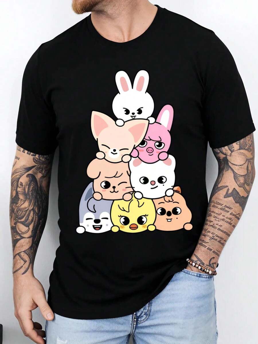 Novelty Adult Cotton Short-Sleeve T-Shirt With Kpop Group SKZ - Breathable Loose Fit Casual Summer Tee For Outdoor Activities - 黑色 - 查看 1