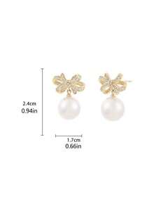 1对优雅仿珍珠耳环，女士款，镶钻蝴蝶结耳钉，派对及礼品 - 金黃色 - 查看 2