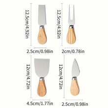 4件套不锈钢木柄奶酪刀套装，圆形橡胶木盒，烘焙工具 - 銀色 - 查看 3