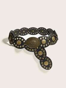 1pc Women's Bohemian Style Brown Patchwork Vintage Bull Head Metal Buckle Retro Leather Belt, Suitable For Dresses, Jeans, Music Festival, Commuting Outfit - Brown Bull Head - View 11