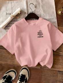 女童宽松圆领T恤一件，趣味“当公主好累”印花，面料柔软舒适 - 适合日常玩耍、休闲外出和春夏聚会 - 粉色 - 查看 3