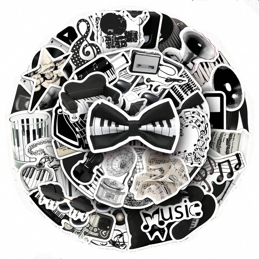 50张黑白美学贴纸，水彩贴纸，日记贴纸，可爱时尚音乐贴纸，Y2K风格贴纸，防水贴纸，适用于水瓶、电脑、笔记本电脑、手机、行李箱、笔记本、冰箱等。