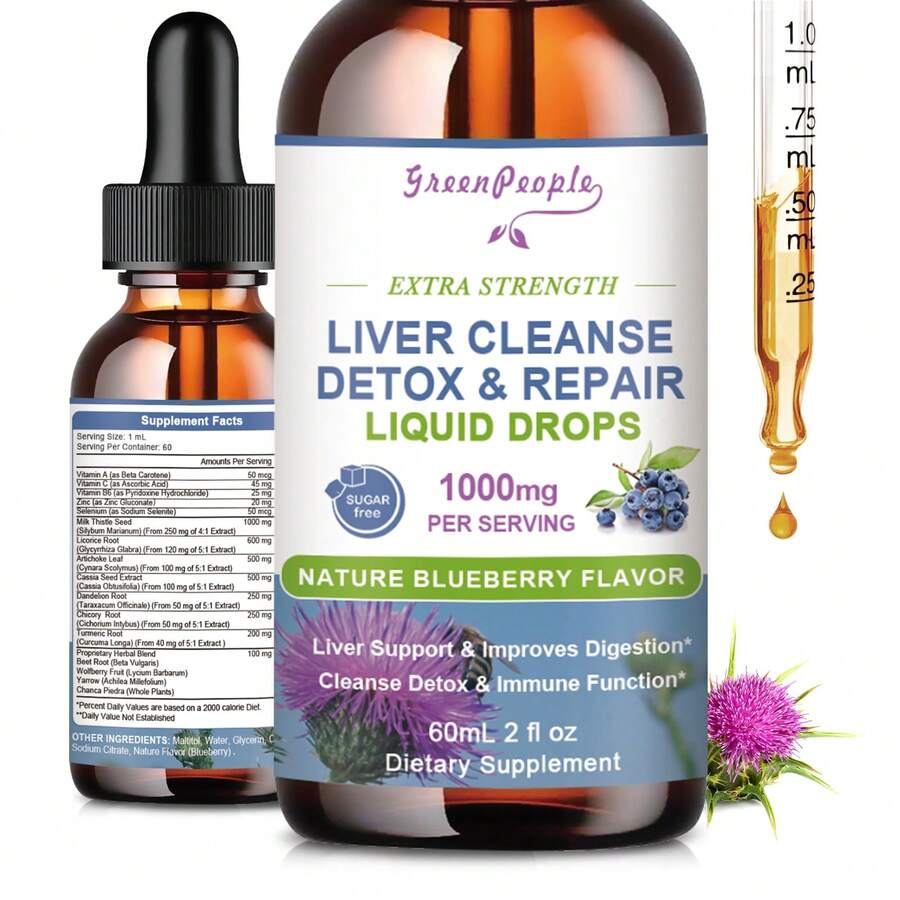B BEWORTHS Liver Cleanse Detox & Repair Drops - Liver Supplement W/Milk Thistle Silymarin, Artichoke & Dandelion For Liver Detox & Support- 16x Potent Herb-Nutrients - 2Fl Oz Blueberry Flavor - 2 液體盎司(1 瓶裝) - 查看 1