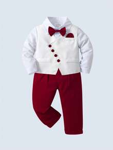BOARNSEORL 三件套男童绅士西装套装：白色衬衫配领结、马甲和裤子，时尚有型，适合生日派对、婚礼、庆典、洗礼、节日等场合。 - 酒紅色 - 查看 3
