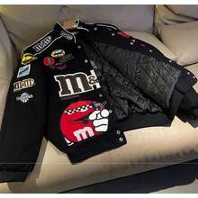 Chaqueta de motocicleta de carreras bordada con frijoles MM, ropa de béisbol de algodón holgada y retro para hombres y mujeres, abrigo con cuello alto y grueso para parejas - Negro - Estilo primavera/otoño - Ver 3