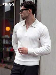 男士复古风格旧硬币美学轻薄半透明条纹长袖polo衫，拉链前襟设计，四季皆宜的百搭休闲风格 - 白色 - 查看 3