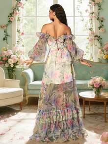 VIPGIRL New Arrival Blue Lantern Sleeve Off-Shoulder Printed Elegant High-End Design Mesh Women's Evening Gown - Green - View 2