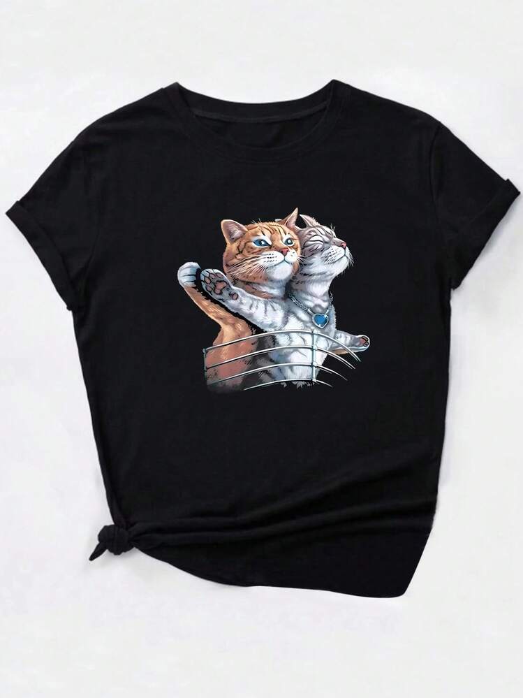 Camiseta Casual de Mujer con Estampado de Gato  Dos Gatos en Bote Salvavidas con Ojos Azules Gráfico Suave Elástico Cuello Redondo Y2k - Negro - Añade 7