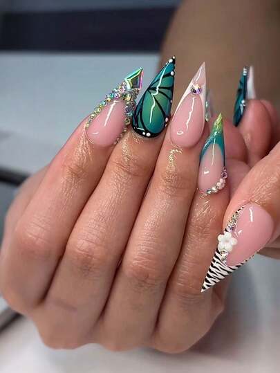 24 st Rosa & Blågrön Mandel Press-On Naglar Fjärils Strass Design Lösnaglar