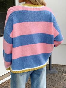 Womens Oversized Sweaters Casual Long Sleeve Striped Color Block Crewneck Knitted Loose Fall Pullover Tops - Hồng - Xem 4