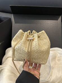 迷你时尚纯色镂空编织链条抽绳迷你斜挎水桶包，小手提包 - 卡其色 - 查看 12