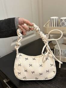 1pc White Corduroy Fabric Smooth Zipper Bow Print Drawstring Shoulder Strap Design Fashion Versatile Casual Solid Color Minimalist Autumn/Winter New Unique Shoulder Bag, Suitable For Women's Daily Use - White - View 3