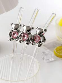 1pc Metal Heart-Shaped Bear Transparent Reusable Straw, Bendable For Various Beverages, Party Cup Decor, Holiday Atmosphere Enhancer - Clear - View 5