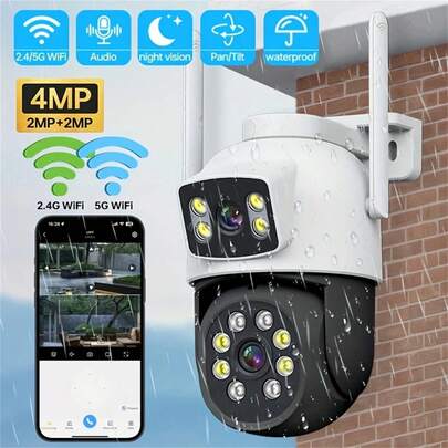 1 pieza Cámara de WiFi para exteriores con lente dual de 4MP, 1080P inalámbrica con visión nocturna a color, detección de movimiento inteligente, audio bidireccional, WiFi de 5G, rotación de 355°, resistente al agua, adecuada para del hogar