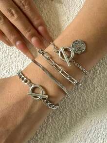 4pcs/Set Metallic Alloy Pendant Bracelet Snake Chain OT Clasp Minimalist Layered Jewelry Set - Bracelet Set - View 11