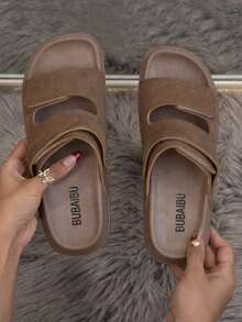 2026新款仿皮魔术贴拖鞋，吐司色，厚底Haken酷炫拖鞋，增高舒适拖鞋，不伤脚，假日必备 - 棕色 - 查看 4