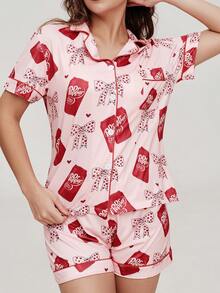 2 Stücke Damen Valentinstag Polka Punkt Schleife Herz Muster Kurzarm Shorts Pyjama Set, romantischer roter Saum Strick Top mit offener Knopfleiste, Elastikbund Hose, geeignet für alle Jahreszeiten als lässige Loungewear - Pink - Übersicht 9