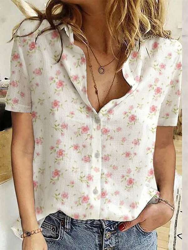 Ditsy Floral Polyester Front Button Shirt, Casual Wear For Spring & Summer
