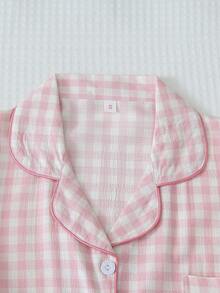 2pcs Plaid Print Pajama Set, Sweet & Cute Lapel Button Long Sleeve Top And Pants, Women Sleepwear & Loungewear For Home Use - Pink - View 3