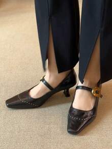 5厘米方头铆钉低鞋面单带复古细跟通勤玛丽珍鞋 - 黑色 - 查看 2