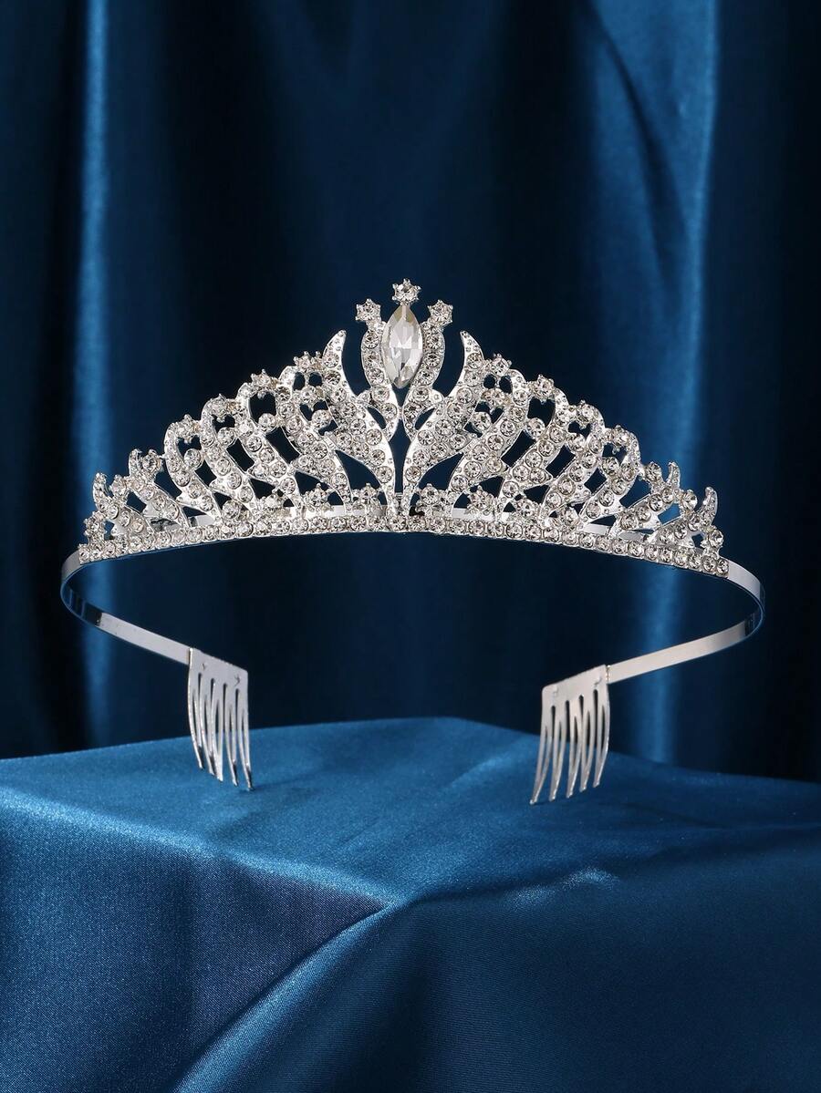 Princess Crystal Crown Headband & Comb Set, Women/Girls Crown Headpiece For Role Play, Birthday Party, Wedding Bride, Valentine's Day Gift, Loving Embrace Scenes - Silver - View 1