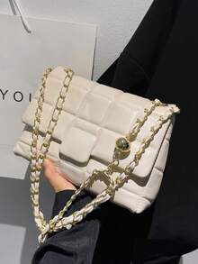 Fashionable Rhombus Pattern Shoulder Bag, Chain Strap Crossbody Square Bag For Women - Beige - View 7