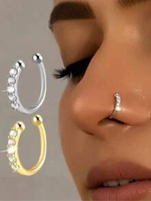 1pc Dazzling Cubic Zirconia Nose Cuff – 2-Tone (Gold & Silver) Adjustable Non-Piercing Nose Ring, Sparkling Rhinestone Facial Jewelry For Everyday & Special Occasion Glam - 銀色 - 查看 4