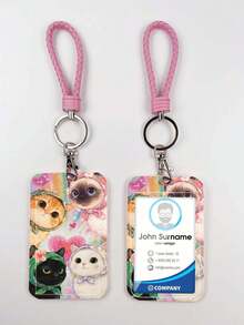 1pc ABS Pink Multi-Cat Pattern Fashion Personalized Cartoon Pull-Push Card Holder Keychain Bag Pendant, Student Wristband Card Holder, Ladies Wristband Card Holder, ID Bus Protection Case, Student Campus Card Protection Case - Multicolor - View 2