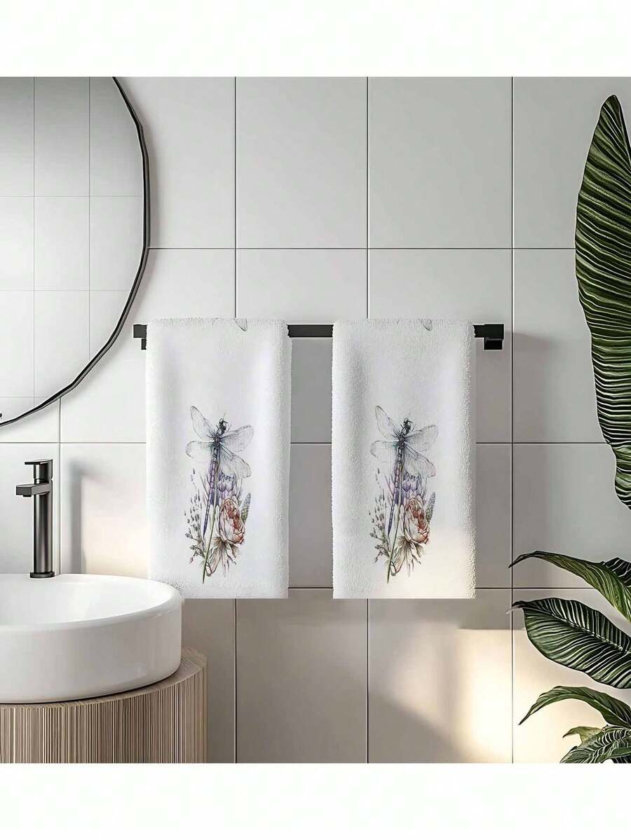 2pcs Watercolor Dragonfly Kitchen Towel And Dishcloth Set, Insect Decor Kitchen Towel, Floral Hand Towel, Wild Flower Dish Cloth, Suitable For Bathroom And Kitchen - White - View 1
