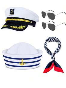 Sailor Hat Combo, Sailor Cap, Halloween Couple Party Hats, Sailor Captain Sailor Cap, Round Top Six-Piece Brim Pork Pie Hat, Glasses, Party Decorations, Valentine's Day, Sexy Outfit, Activity Accessories Combo, Suitable For Daily Outings, Summer, Summer Beach, Vacation, Party, Beach - Multicolor - View 7