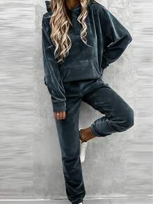 女士天鹅绒连帽口袋运动衫和抽绳踝裤套装，休闲秋冬 - 霧霾藍 - 查看 1