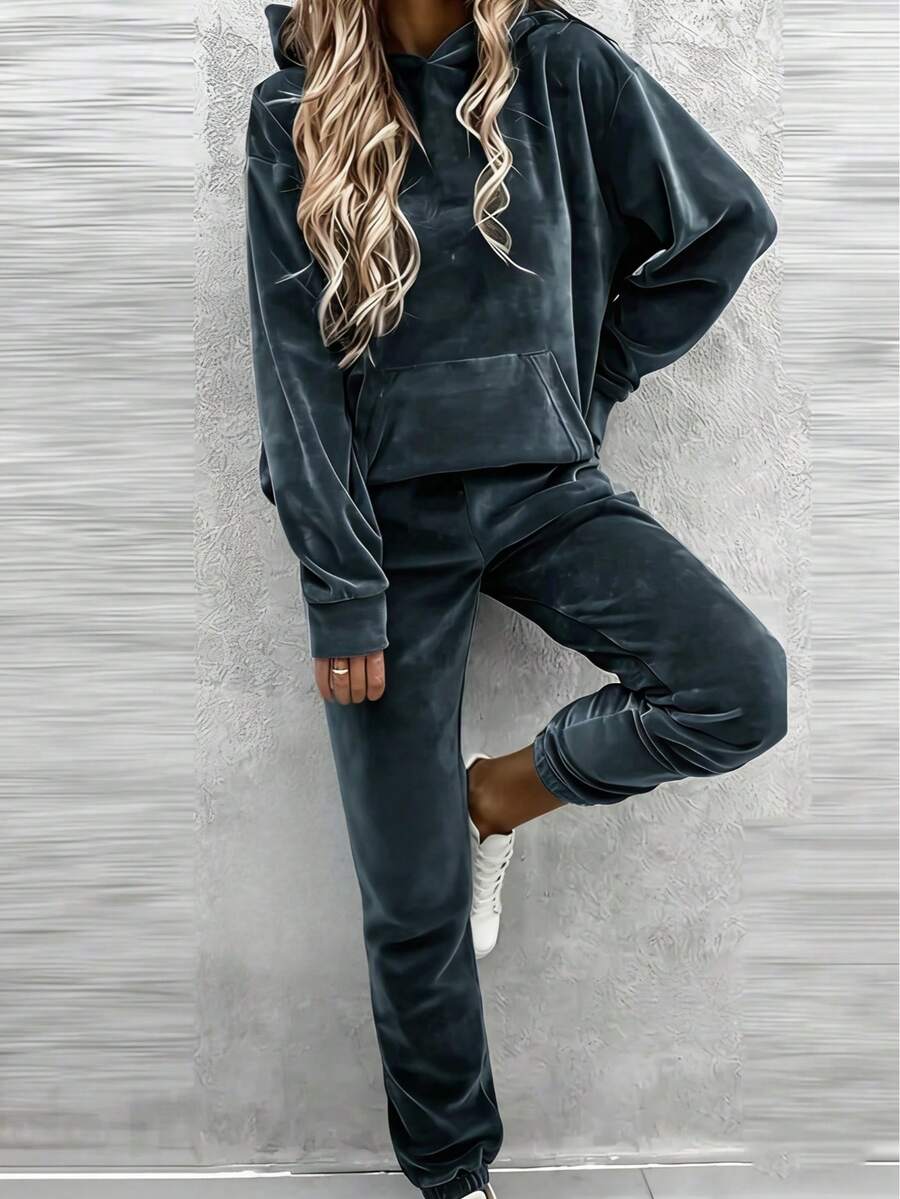 女士天鹅绒连帽口袋运动衫和抽绳踝裤套装，休闲秋冬 - 霧霾藍 - 查看 1