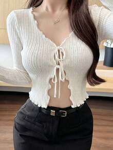 New Sexy Niche Tie-Up Frill Trim Hollow Out Knit Cardigan Jacket For Women, Spring/Summer - Milky White - View 1