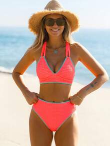 Women's Textured Bikini Set, High Waist Tie Front Swimsuit, Suitable For Summer Vacation & Pool - Orange - View 4