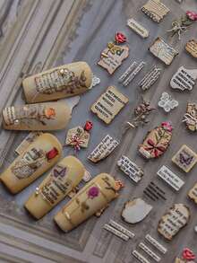 Pegatinas de uñas 3D estilo póster de periódico vintage - Autoadhesivas, pegatinas decorativas de arte de uñas adecuadas para mujeres y niñas, perfectas para el cuidado de las uñas DIY en casa o en un salón. Accesorios para uñas. - Marrón - Ver 2