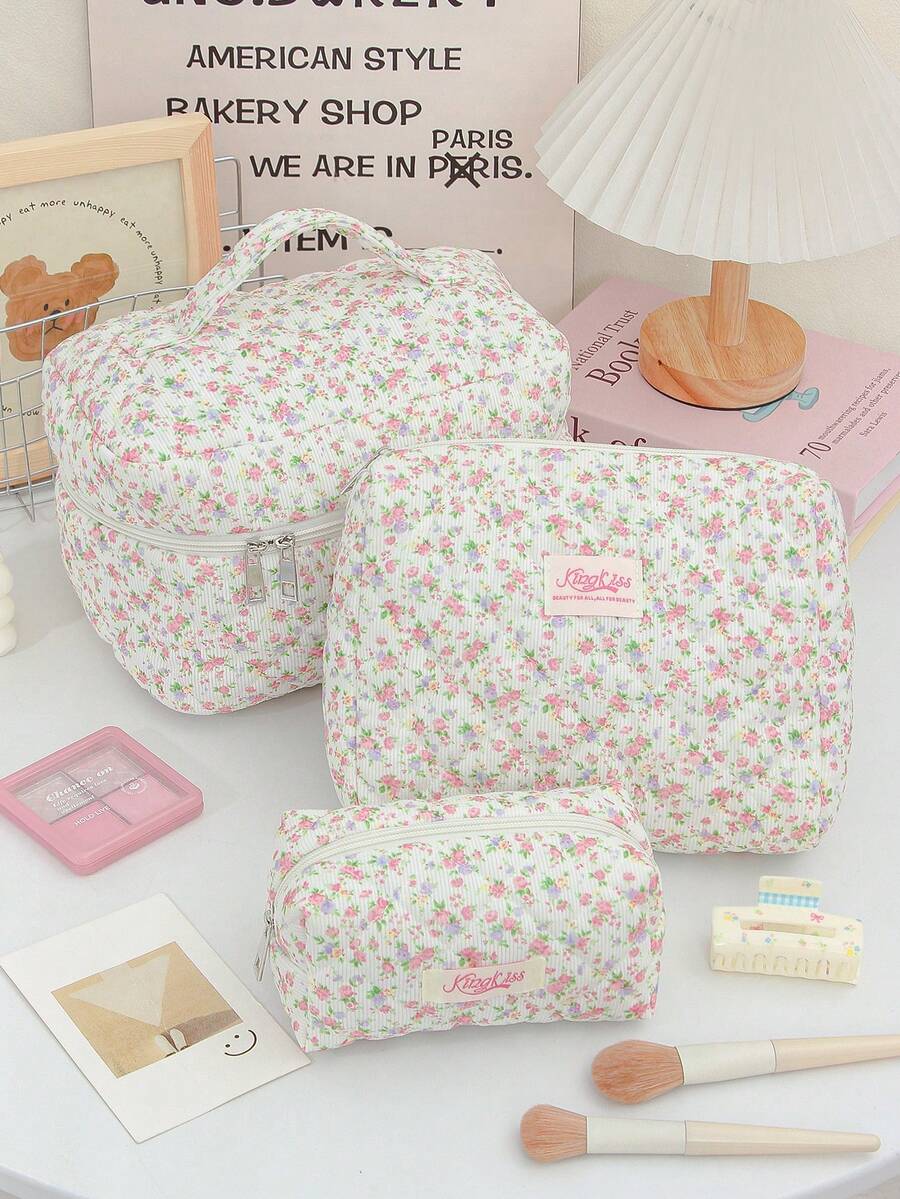 1件/套 花卉图案灯芯绒化妆包,多功能化妆品收纳袋,便携式化妆整理包,带拉链,适用于化妆品、护肤品、口红、化妆刷、护手霜、耳机、硬币、钥匙、小物件,居家、旅行、度假、上学使用,化妆包、洗漱包、旅行必备、邮轮必备、宿舍必备、伴娘礼物、母亲节礼物、生日礼物、送给朋友和老师的礼物 - 彩色 - 查看 1
