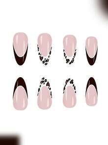 24pcs Almond Shaped Press-On Nails - Sweet Black French Leopard Print French Design Medium Length Artificial Nails, Suitable For Women's Daily Occasions And Special Events, A Perfect Gift For Her, Manicure Technique Gift, Exquisite Nail Art Supplies. - Multicolor - View 3