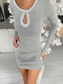 ChicMe Women's Rhinestone Decor Hollow Teardrop Bodycon Mini Dress, Long Sleeve Side Ruched, Casual Chic Party Cocktail Holiday Outfit Elegant Spring - Grey - View 6