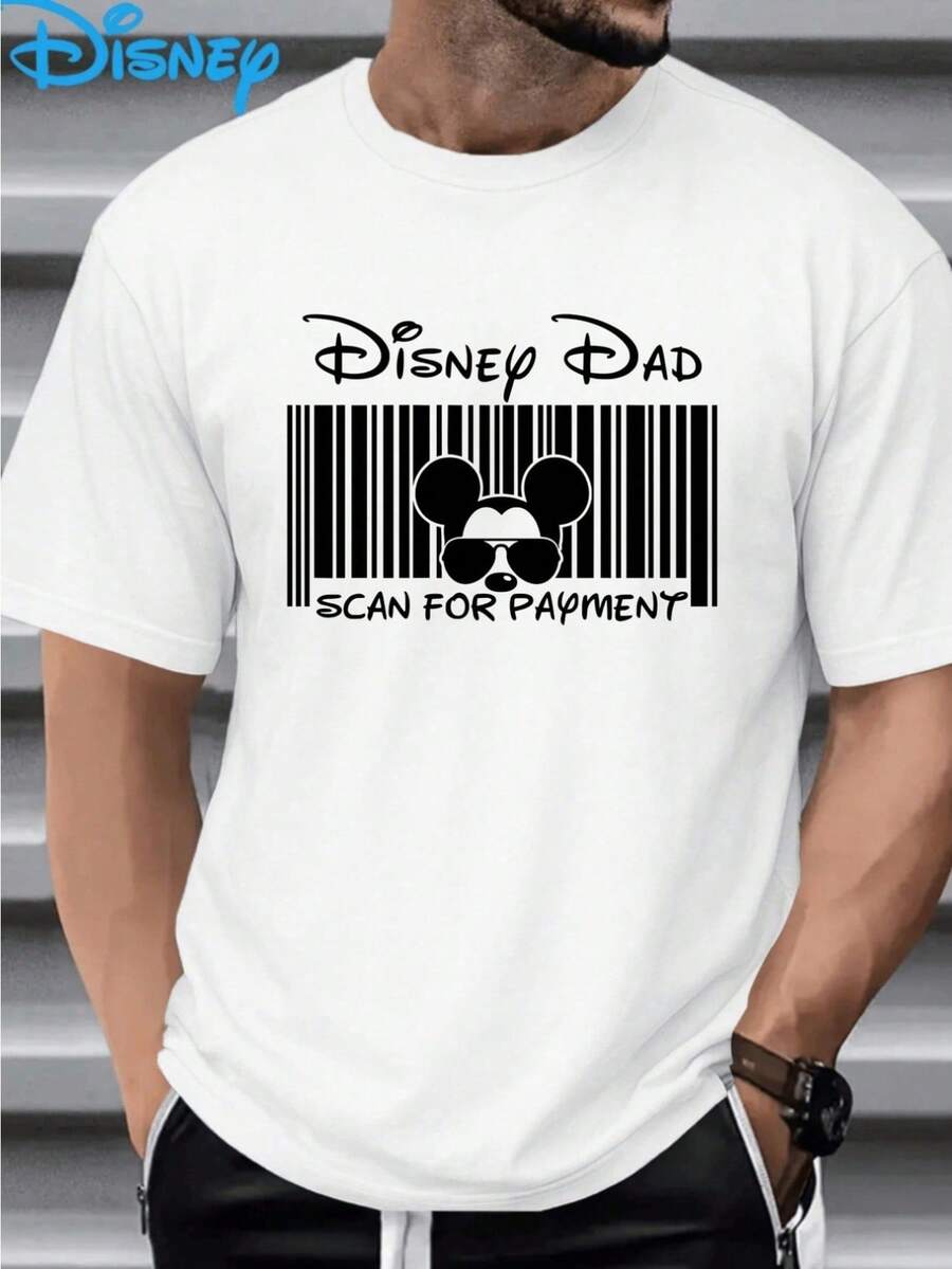 Disney Men's Mickey And Minnie Mouse Dad T-Shirt-Officially Authorized Casual Short-Sleeved T-Shirt With Mickey Ears And Scanning Payment Design, Comfortable Summer Theme Activity Shirt, Suitable For Casual Dress And Gifts (Ideal For Fans And Birthday Party Clothes)-Machine Washable, Regular Version, White With Black Mickey Ears And Minnie Print, Perfect For Home And Outdoor Activities, Men's T-Shirt. - White - View 1