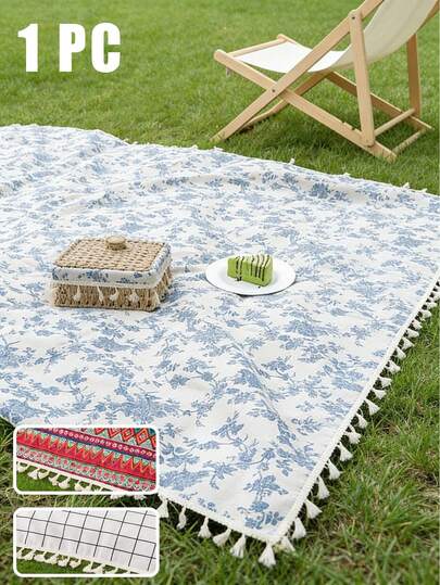 1pc Spring Blue Floral Fringe Camping Blanket - Soft Fabric, Charming Floral Pattern With Fringe Trim. Suitable For Beach Trips, Camping Adventures, Hiking, Travel, Family Concerts, Park Picnics, Backyard Gatherings, Outdoor Movie Nights, Indoor Dining Table Decor, Party Table Settings, Patio Leisure, Garden Parties, Holiday Dinners And Leisure Activities