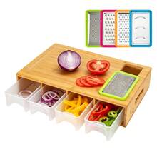 Bamboo Cutting Board With 4 Containers, Large Chopping Board With Juice Grooves & Easy-Grip Handle, Sliding Drawer Food Prep Organiser For Vegetables & Fruit - Brown - View 3