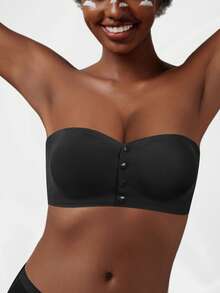 Black Glossy Push-Up Bra, Bandeau Style Design, Front Opening, Strapless, Lifting And Shaping Bust, Breathable And Stylish Back Design, Suitable For Daily Wear - Black - View 8