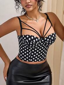 Yuwenier 优雅波点可调节细肩带束身胸衣露背短款背心，适合派对、夜店等场合，女士休闲黑色夏季款 - 黑色 - 查看 3