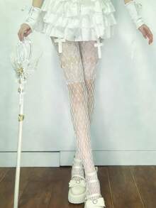 1双复古镂空高街哥特/Emo风渔网袜，性感Y2K坏女孩蕾丝拼接可爱打底裤，2件套分层/渔网灰色镂空+星星印花白色连裤袜，朋克摇滚风长袜，适合派对和庆典 - 彩色 - 查看 12