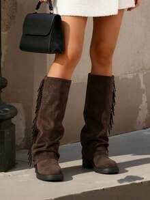 Women's Slouchy Fold Over Fringe Knee High Boots Chunky Block Heel Calf Boots Cool Fashion Tassel Motorcycle Outdoor Party Dress Lady Shoes Woman - 巧克力棕 - 查看 7