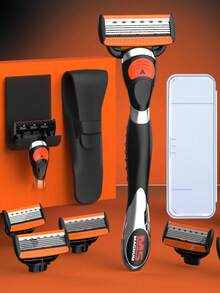 Men's Manual Safety Shaver Set, 5-Layer Manual Shaver Blades, Replaceable Safety Shaver Head, Used For Shaving, Trimming Beard And Body Hair - Orange - View 1