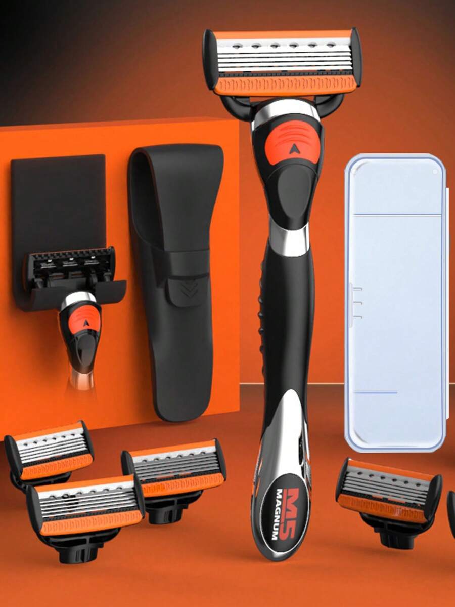 Men's Manual Safety Shaver Set, 5-Layer Manual Shaver Blades, Replaceable Safety Shaver Head, Used For Shaving, Trimming Beard And Body Hair - Orange - View 1